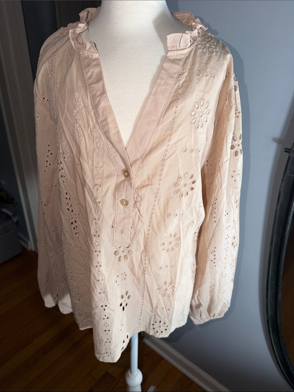 Women's Light Pink Eyelet Ruffle Peasant Blouse